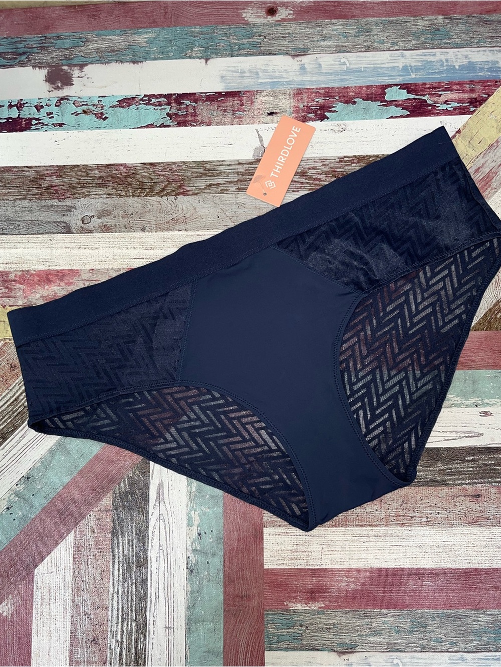 Thirdlove NWT Hipster Chevron Lace Panty Navy Sheer SZ Large Smooth Edges